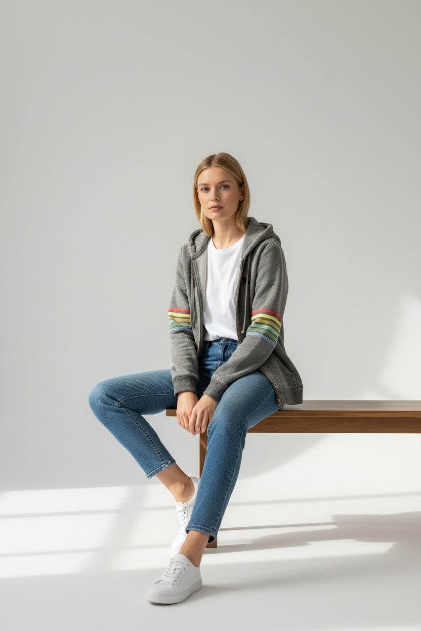 Rebel Yell Retro Stripe Zip Hoodie Heather Grey