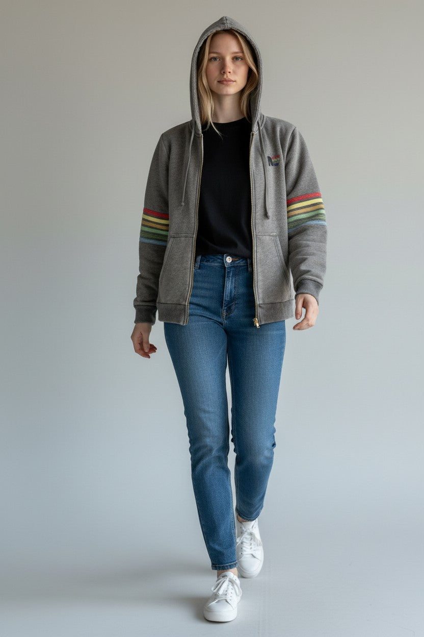 Rebel Yell Retro Stripe Zip Hoodie Heather Grey