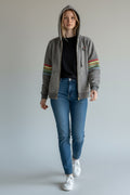 Rebel Yell Retro Stripe Zip Hoodie Heather Grey