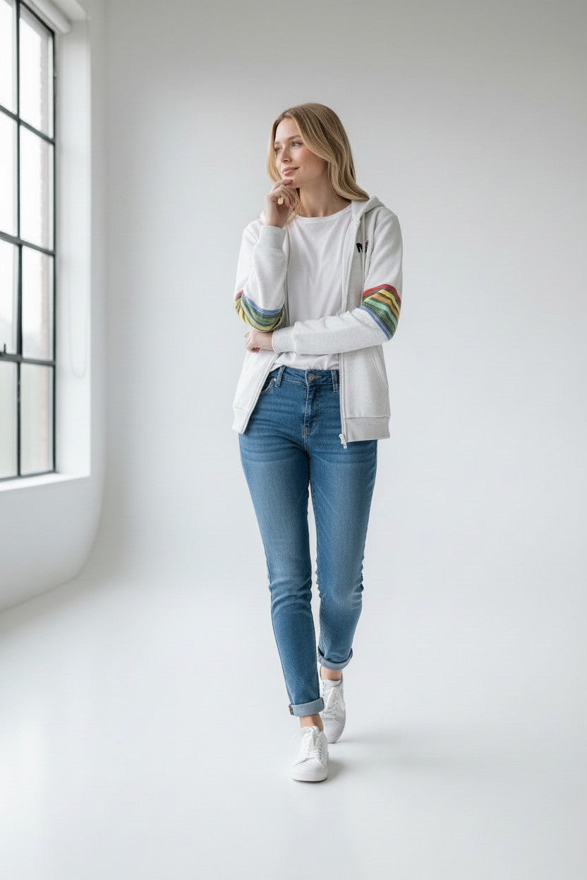 Rebel Yell Retro Stripe Zip Hoodie White