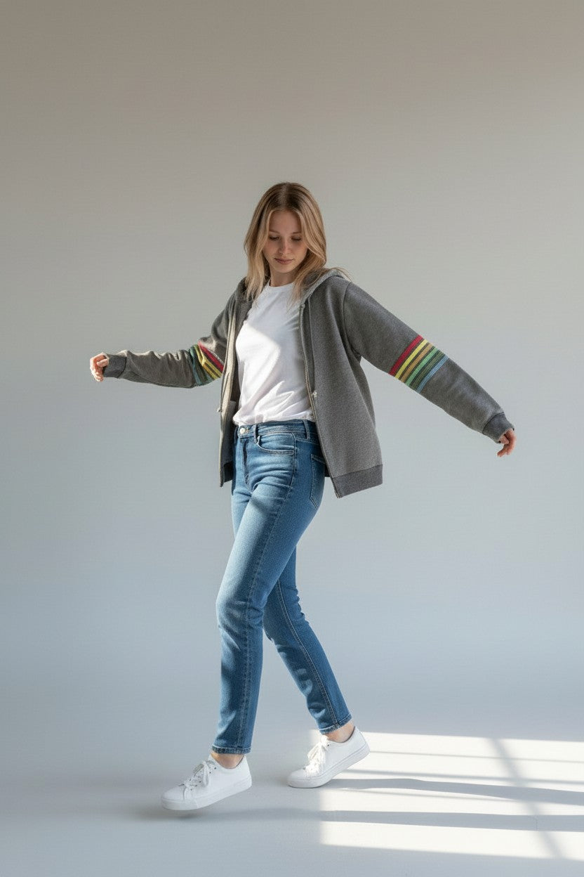 Rebel Yell Retro Stripe Zip Hoodie Heather Grey